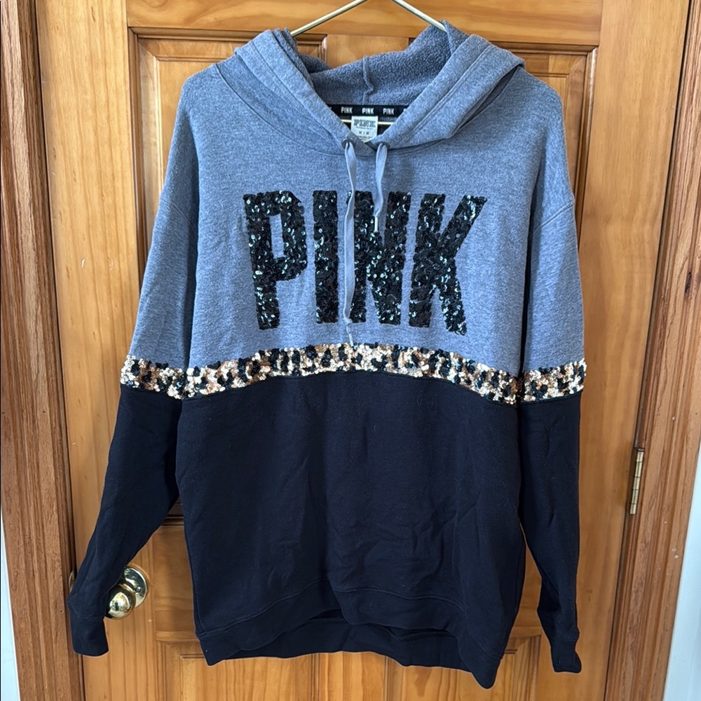PINK Victoria's Secret Gray and Black Hooded Sweater